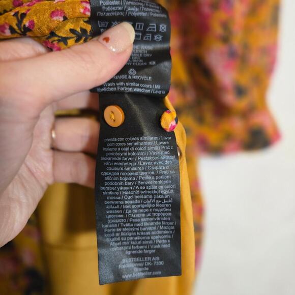 Vero Moda Medium Mustard Orange Floral Puff Sleeve Knee Dress Smocked Boho - Picture 5 of 12